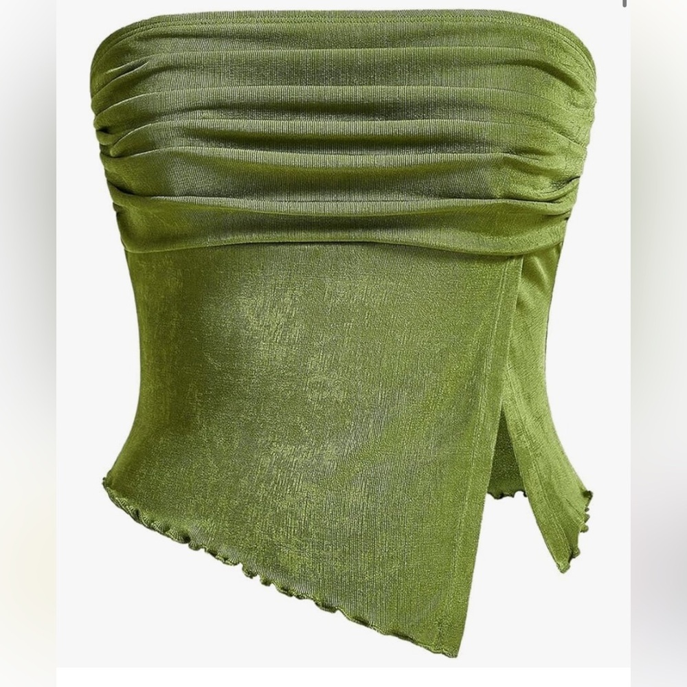 Olive Green Asymmetrical Tube Top with Lettuce Hem